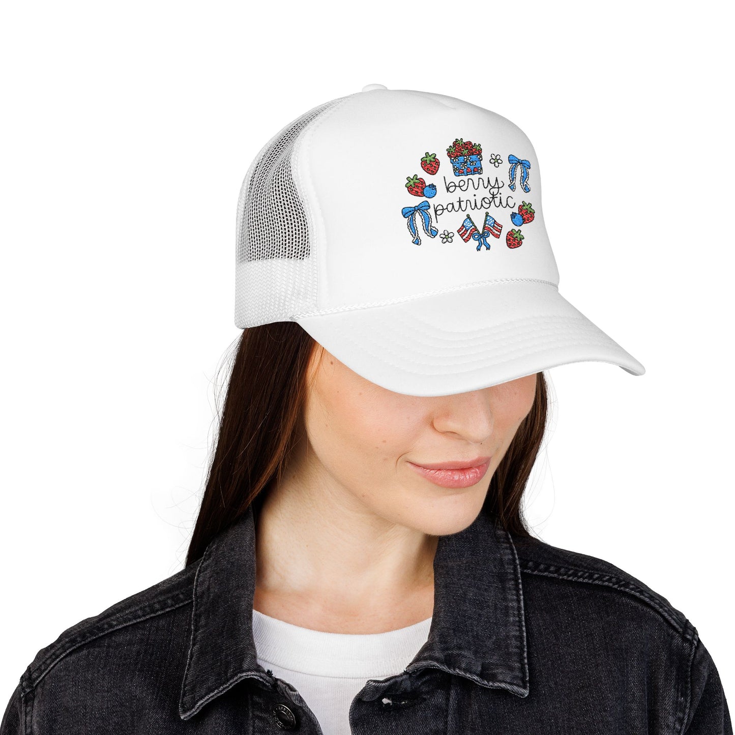 Embroidered Red White and Strawberry Foam, Mesh Trucker Hat