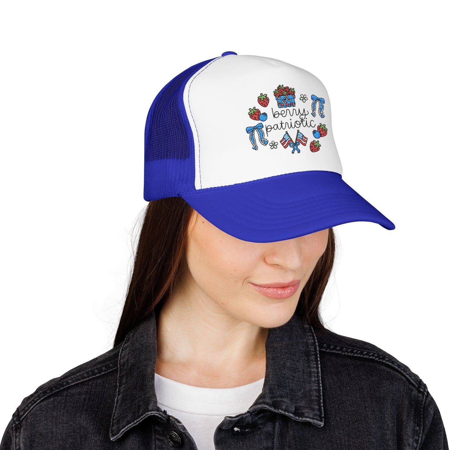 Embroidered Red White and Strawberry Foam, Mesh Trucker Hat