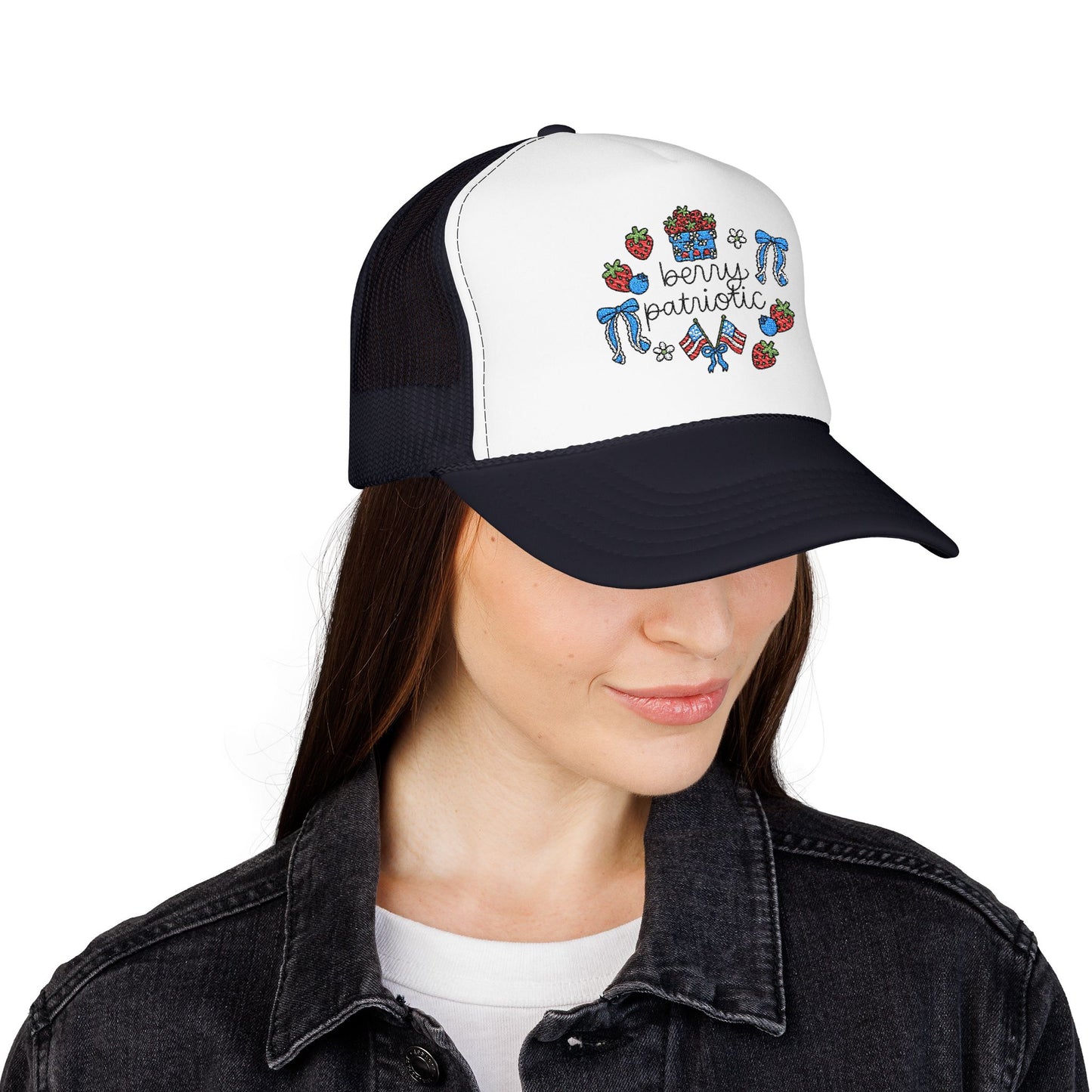 Embroidered Red White and Strawberry Foam, Mesh Trucker Hat