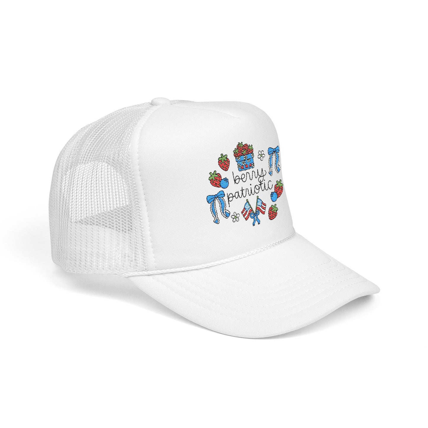 Embroidered Red White and Strawberry Foam, Mesh Trucker Hat