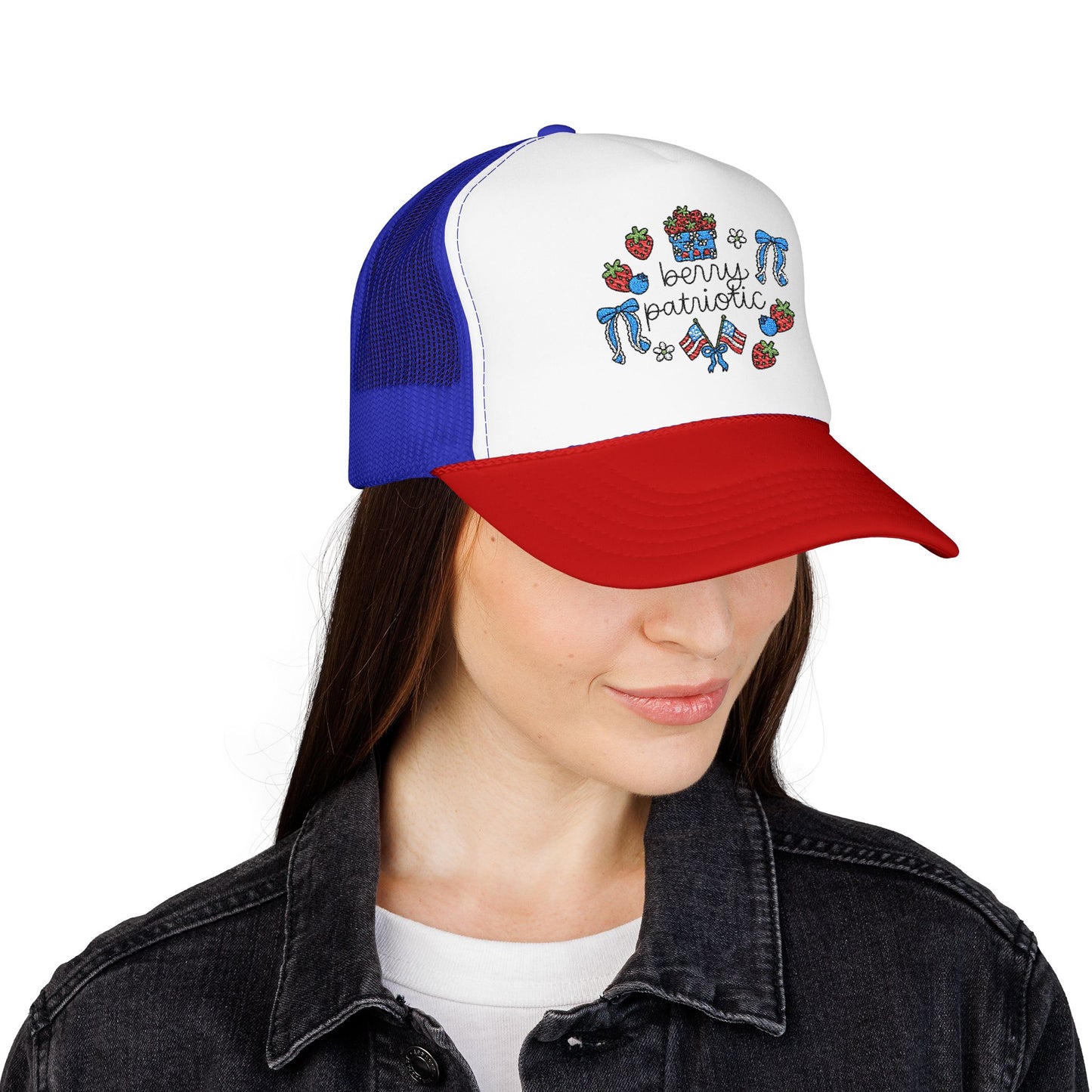 Embroidered Red White and Strawberry Foam, Mesh Trucker Hat