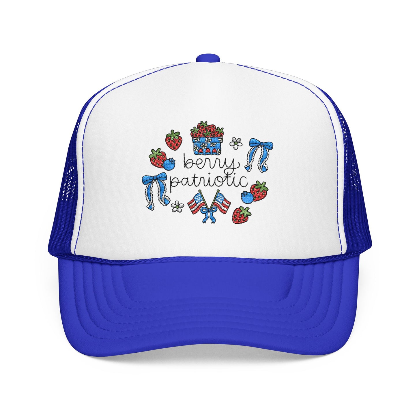 Embroidered Red White and Strawberry Foam, Mesh Trucker Hat