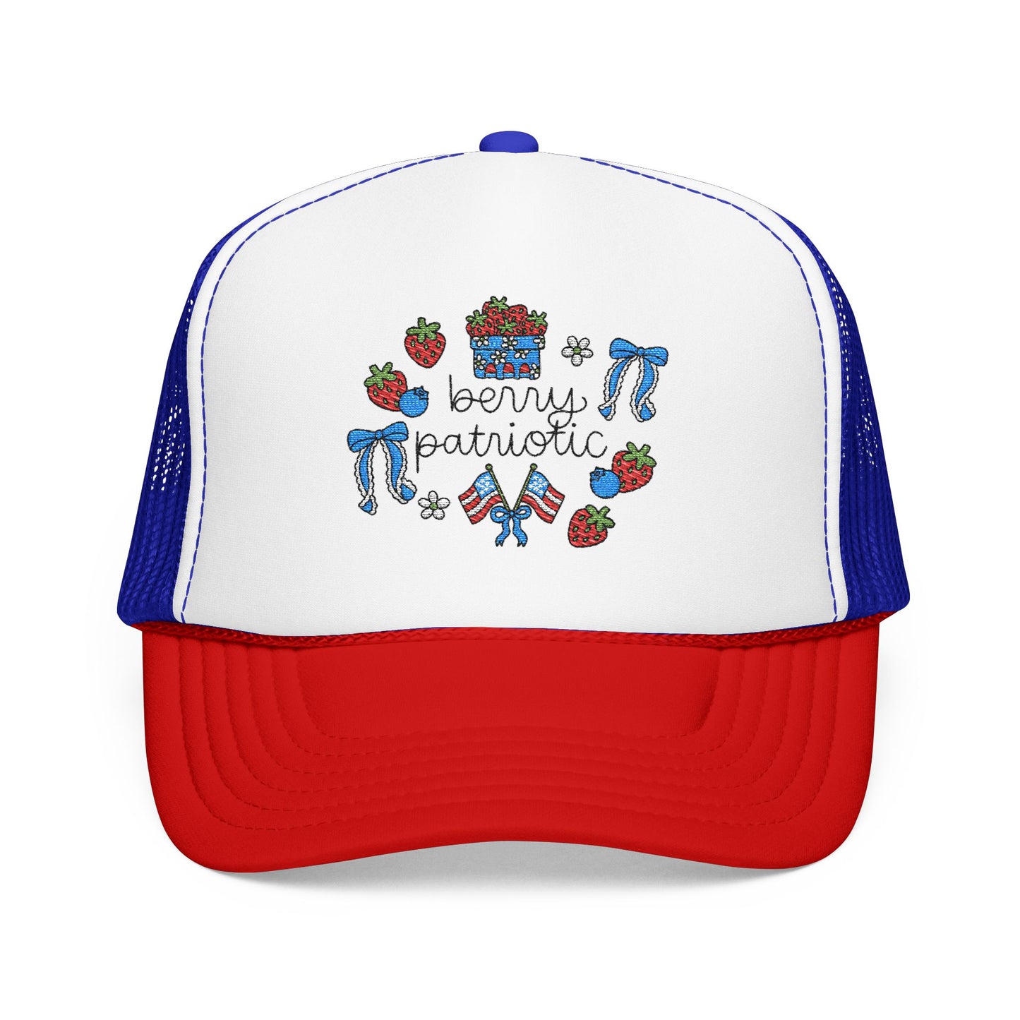 Embroidered Red White and Strawberry Foam, Mesh Trucker Hat