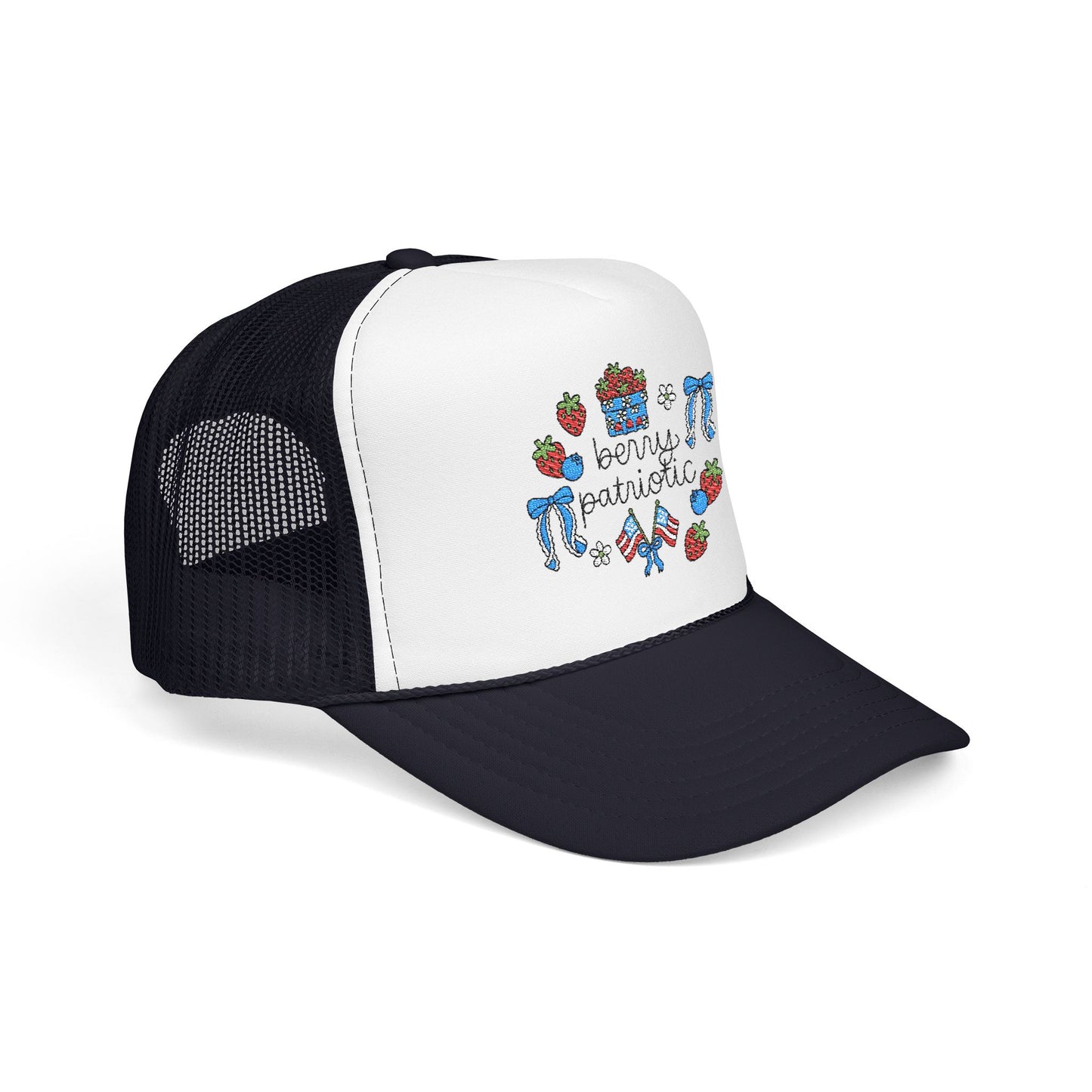 Embroidered Red White and Strawberry Foam, Mesh Trucker Hat