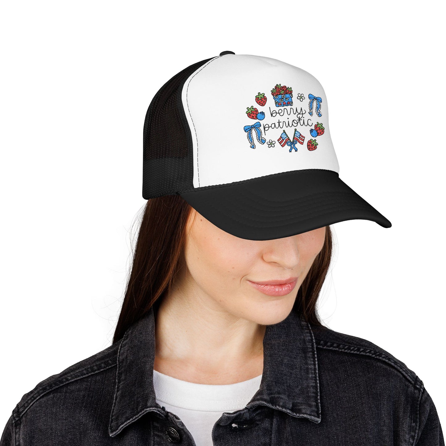 Embroidered Red White and Strawberry Foam, Mesh Trucker Hat