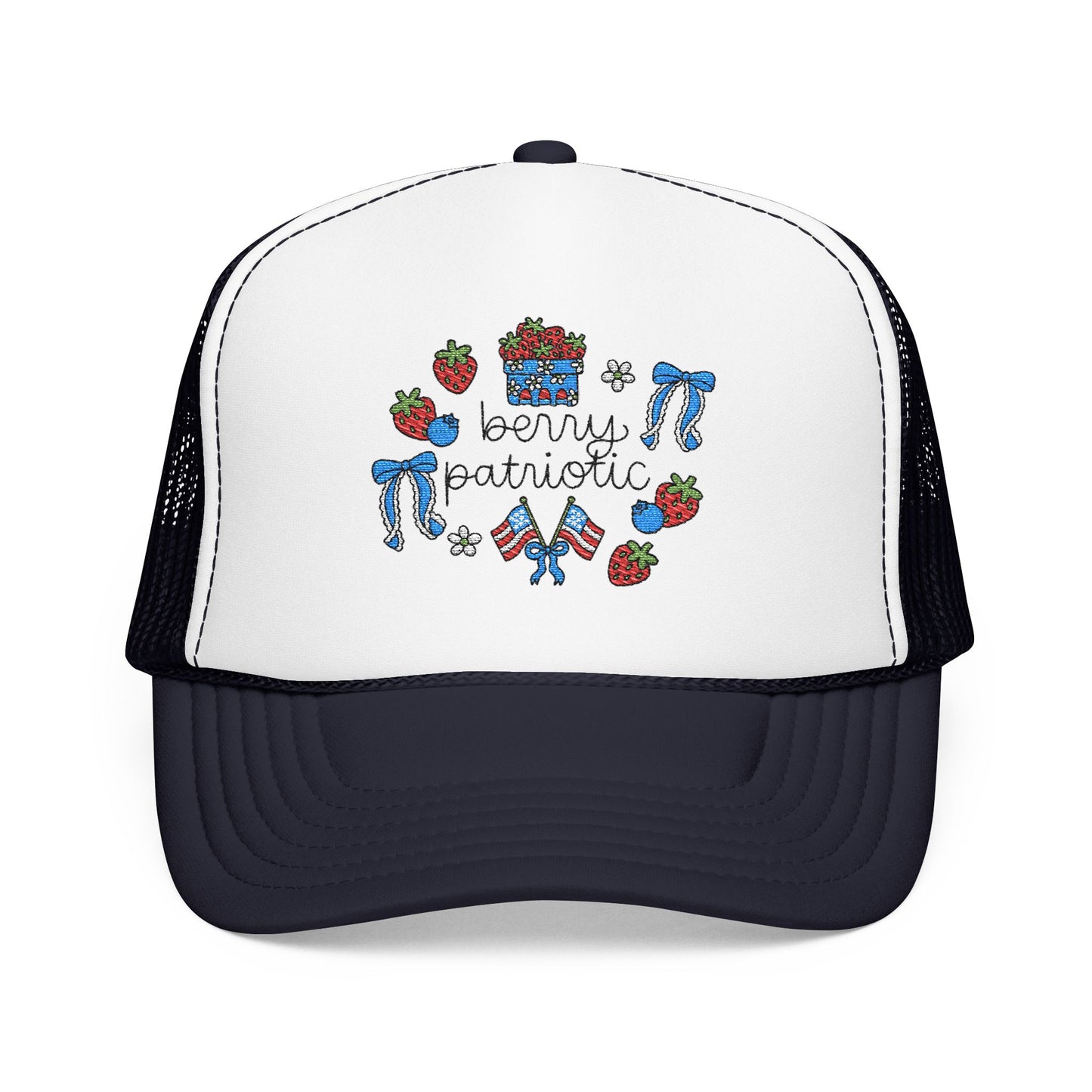 Embroidered Red White and Strawberry Foam, Mesh Trucker Hat