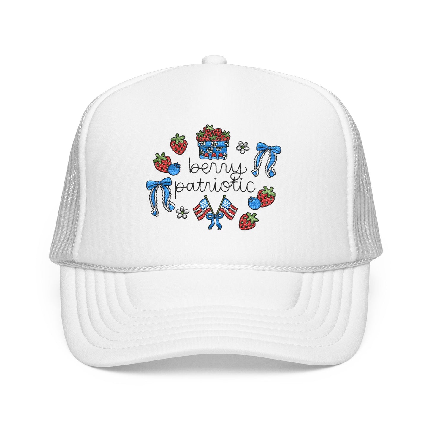 Embroidered Red White and Strawberry Foam, Mesh Trucker Hat