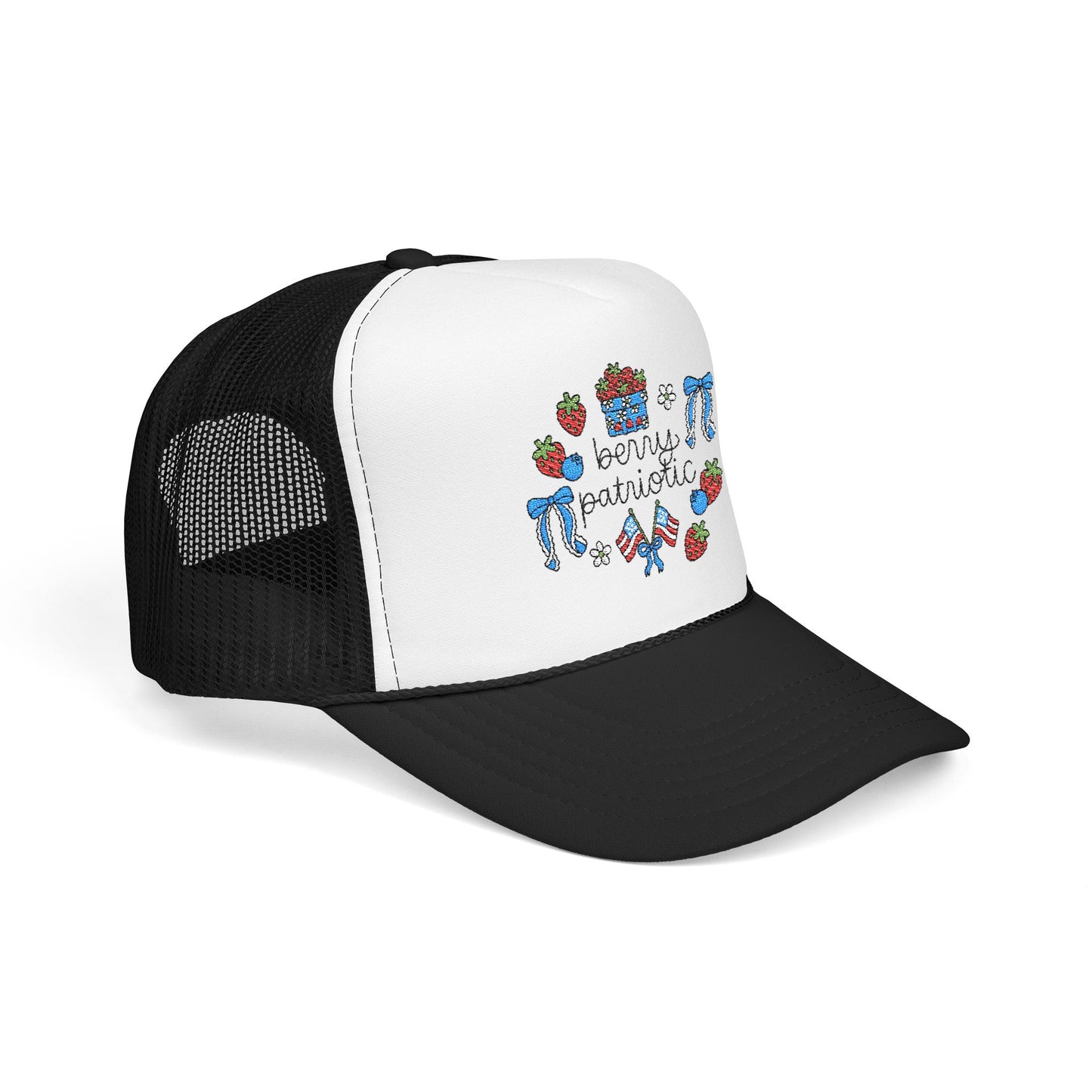 Embroidered Red White and Strawberry Foam, Mesh Trucker Hat