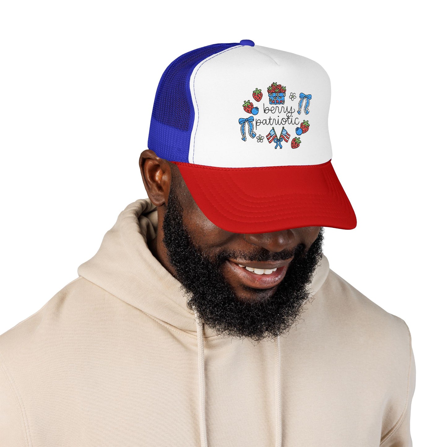 Embroidered Red White and Strawberry Foam, Mesh Trucker Hat