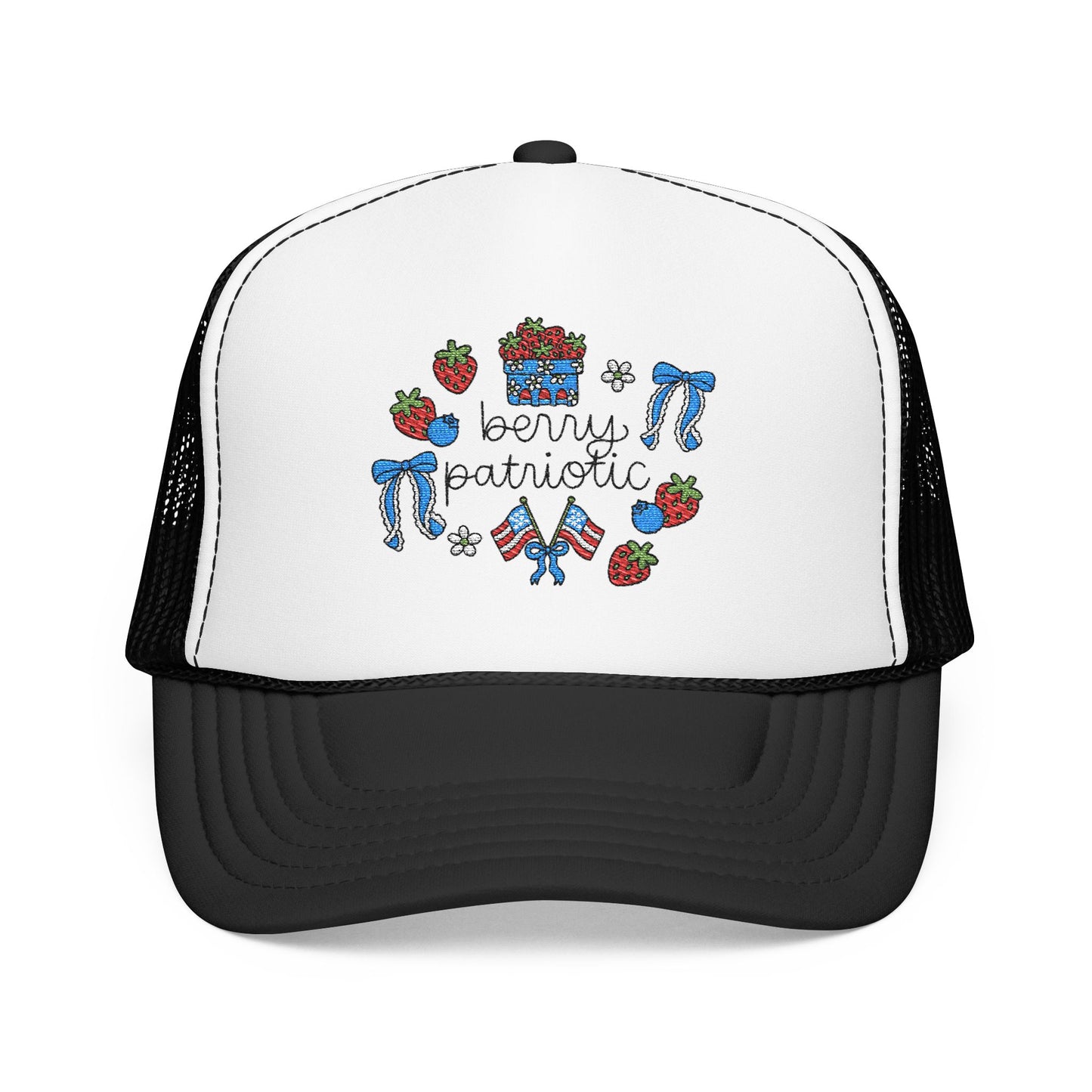 Embroidered Red White and Strawberry Foam, Mesh Trucker Hat